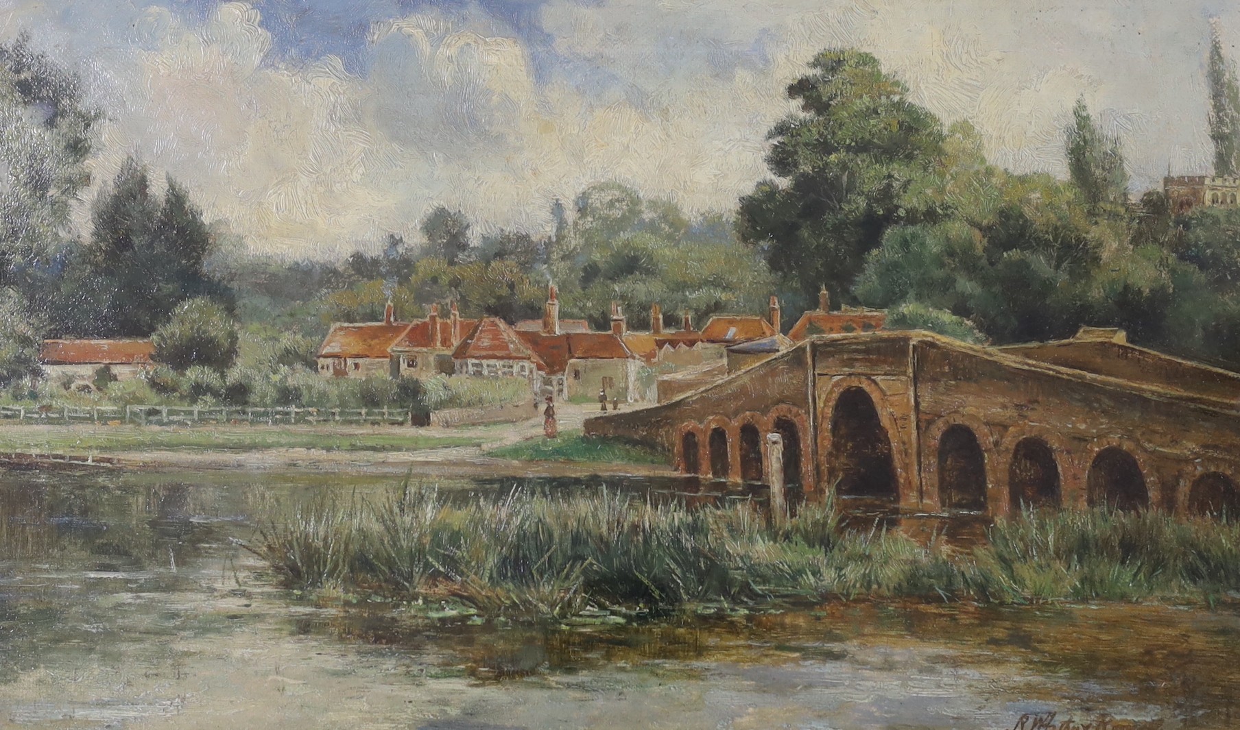 English School, early 20th century, oil on canvas, village scene with bridge, indistinctly signed, 24 x 39cm